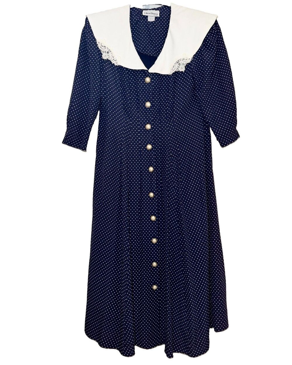 Vintage Ultra Dress Medium Fit Navy Polka Dot Midi Dress Lace Collar Made USA